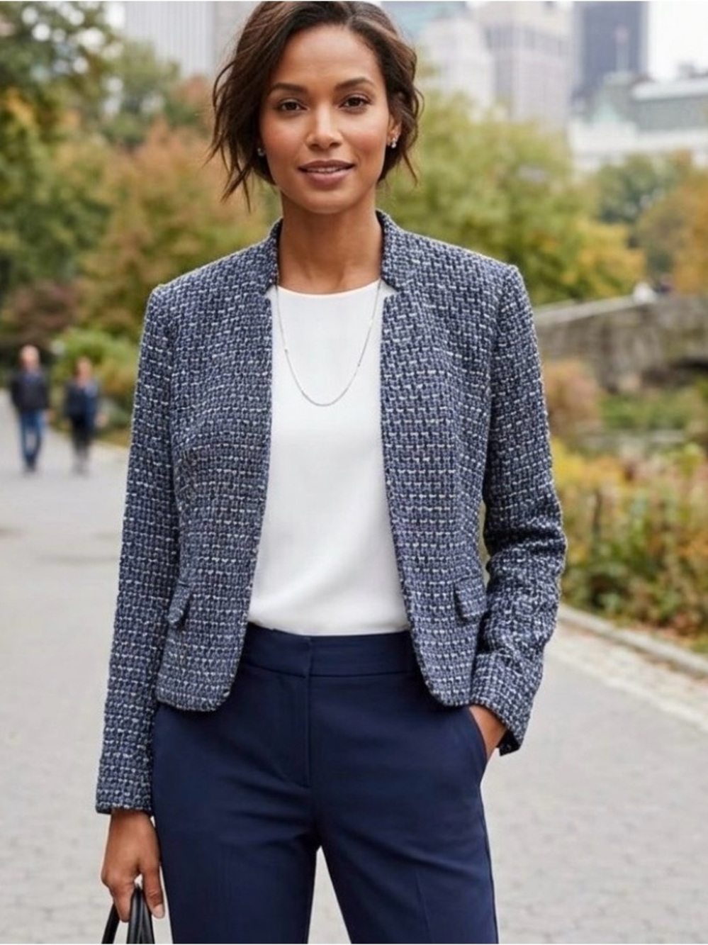 Calvin Klein Blue Black Tweed Collarless Blazer Jacket Flap Pockets Size 14